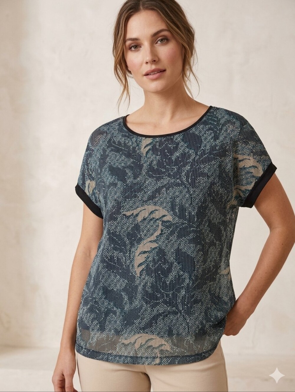 OLSEN Abstract Botanical Leaf Print Top Size L/14